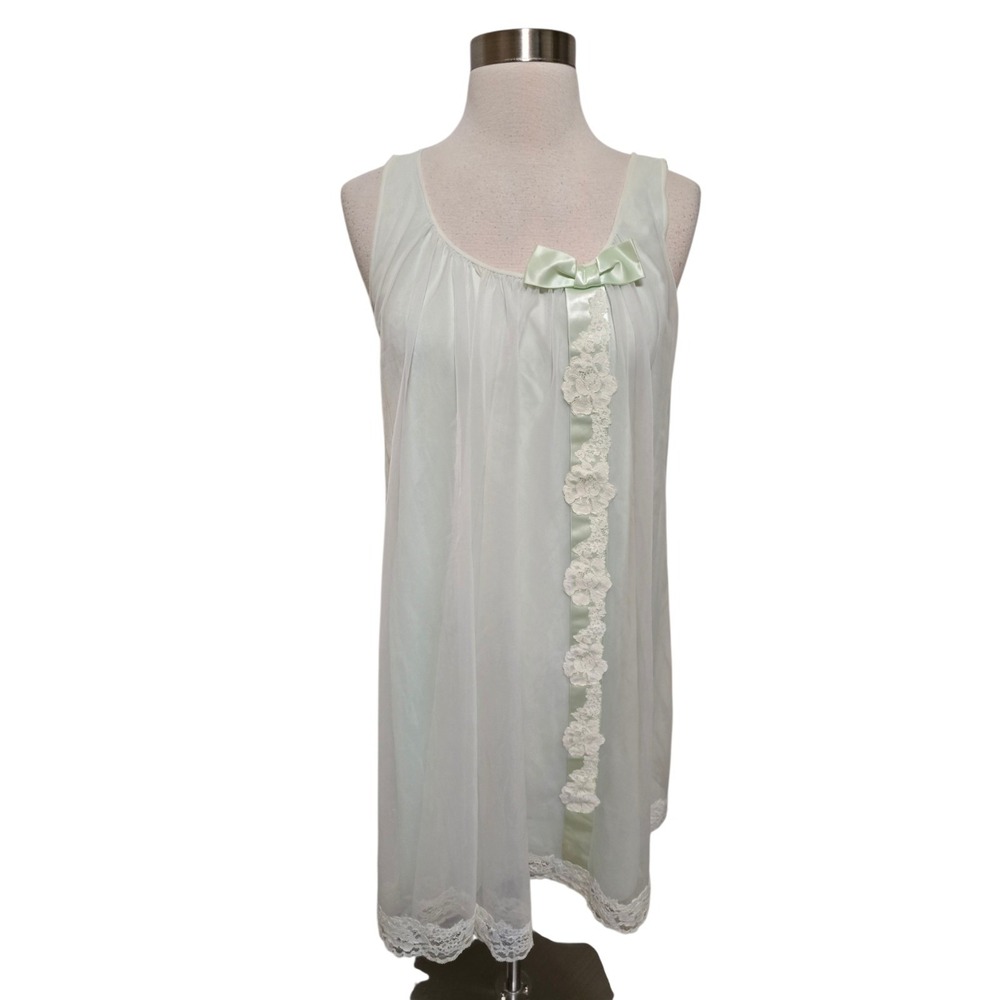 Vintage Shadowline Mint Green Nightgown Lace Trim Bow Lingerie Slip Dress